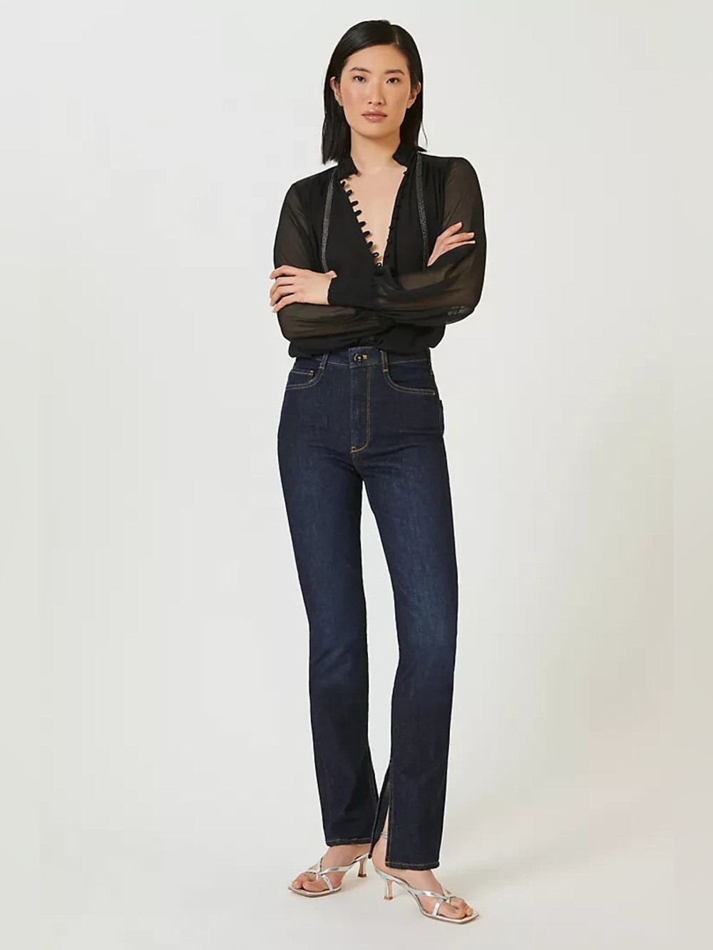 Anthropologie Dark Indigo High-Rise Straight Jeans Pilcro slit fitted chic ruti